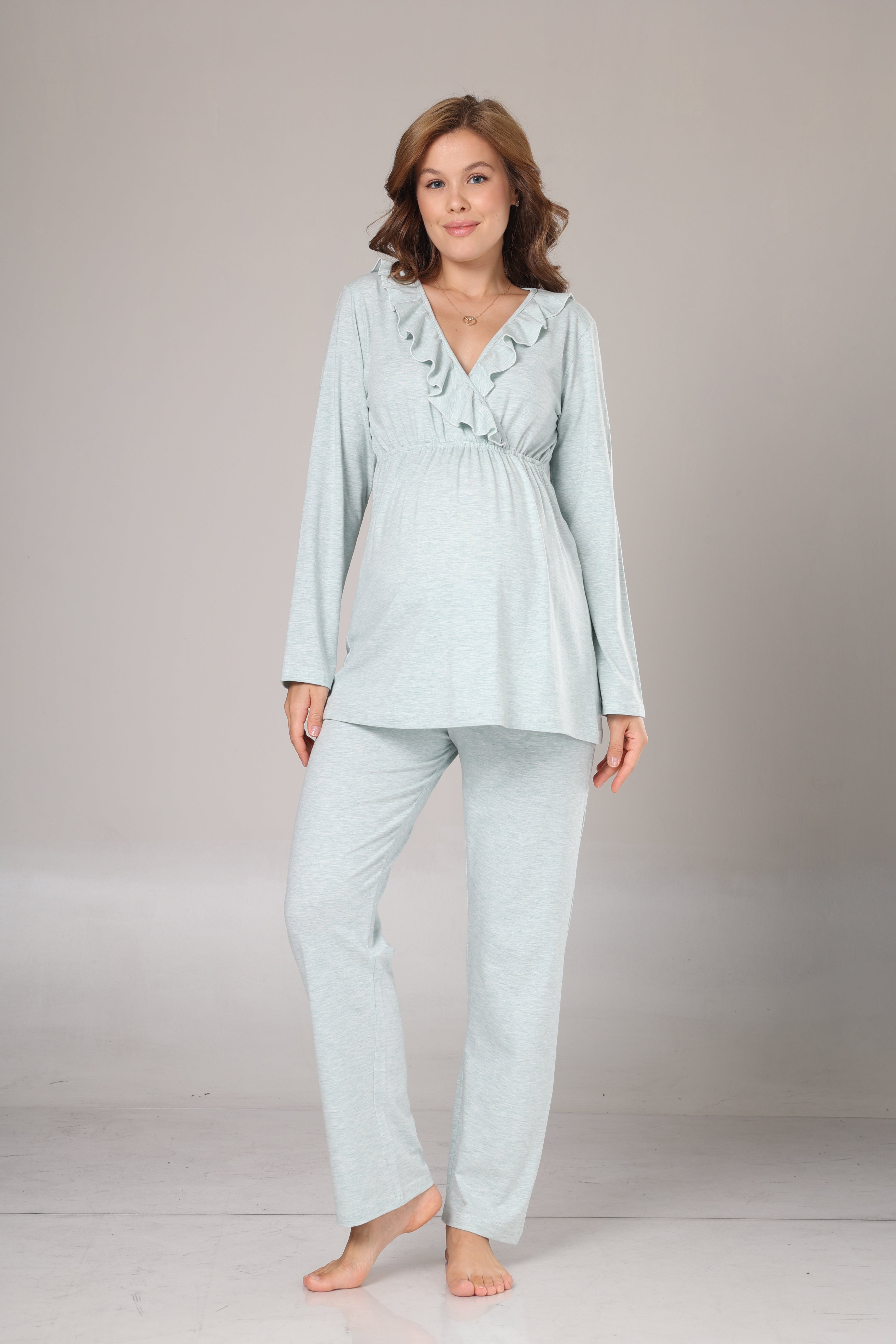 Su Yeşili  Yumuşak Dokulu Sabahlıklı Kruvaze Lohusa Pijama Takımı 1014