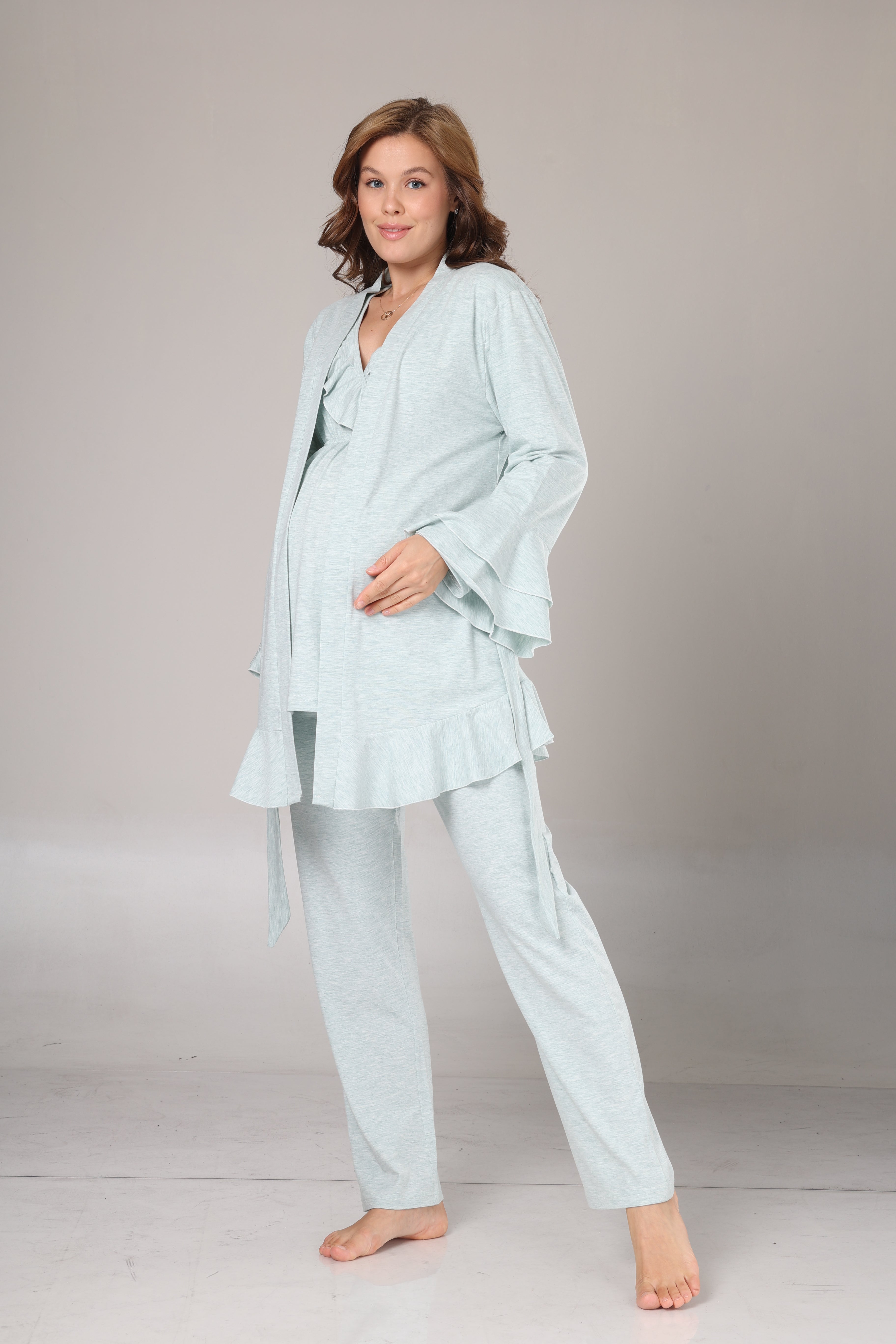 Su Yeşili  Yumuşak Dokulu Sabahlıklı Kruvaze Lohusa Pijama Takımı 1014