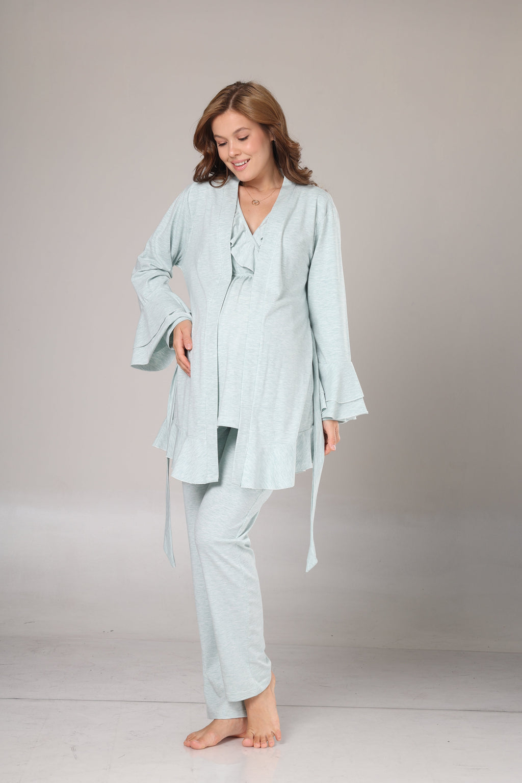 Su Yeşili  Yumuşak Dokulu Sabahlıklı Kruvaze Lohusa Pijama Takımı 1014