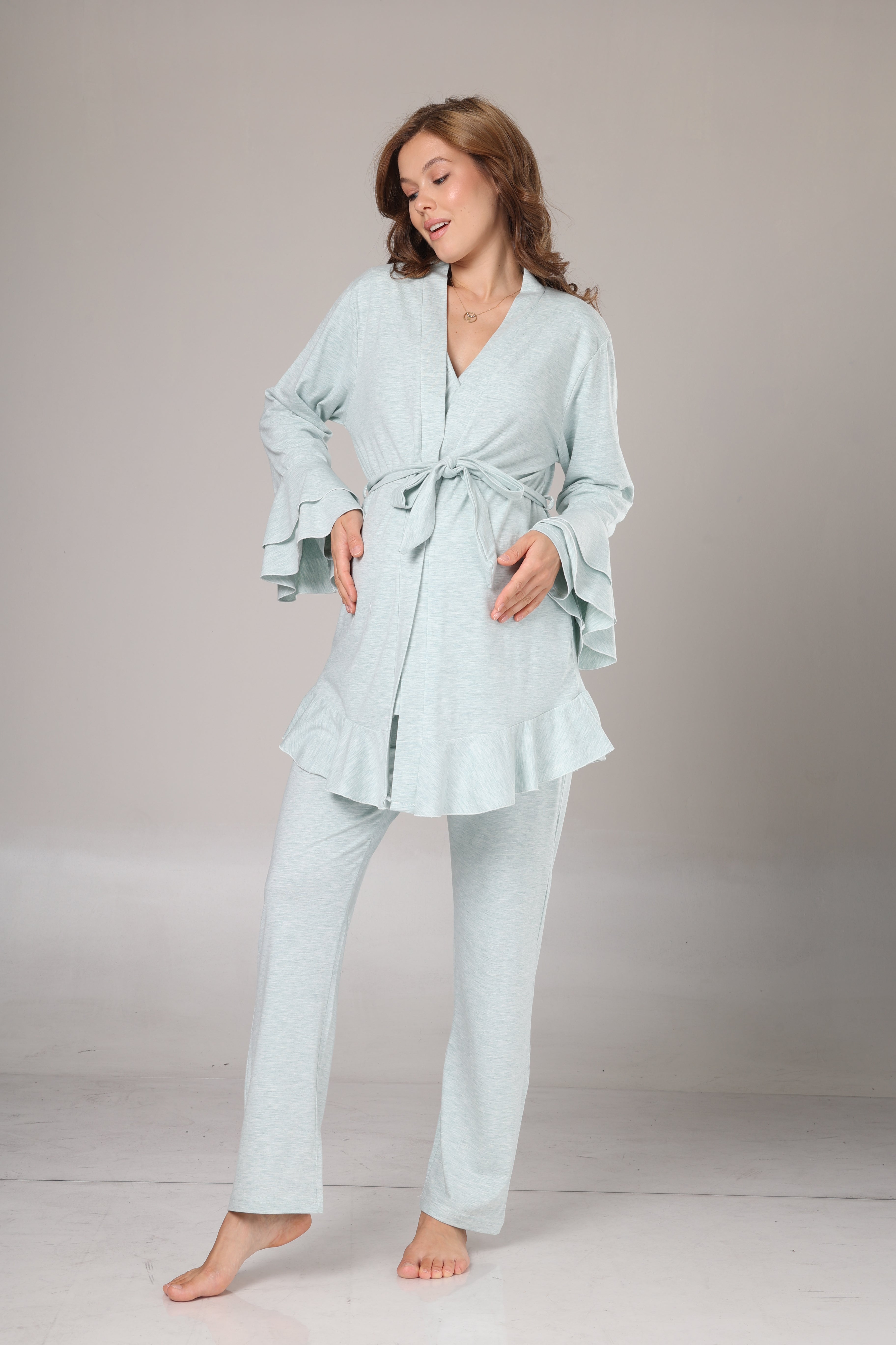 Su Yeşili  Yumuşak Dokulu Sabahlıklı Kruvaze Lohusa Pijama Takımı 1014