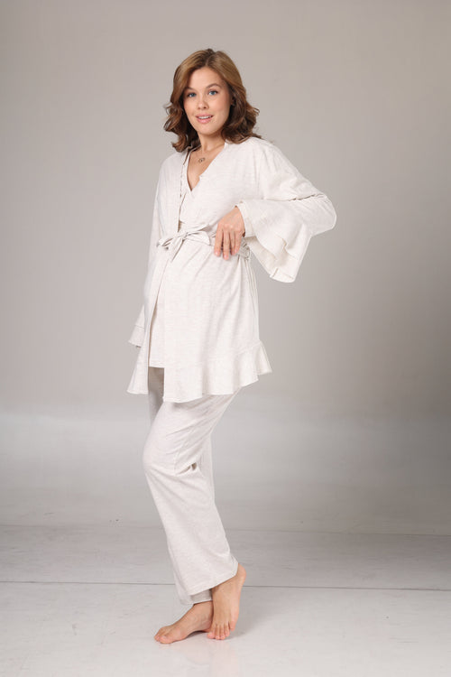 Bej Melanj  Yumuşak Dokulu Sabahlıklı Kruvaze Lohusa Pijama Takımı 1011