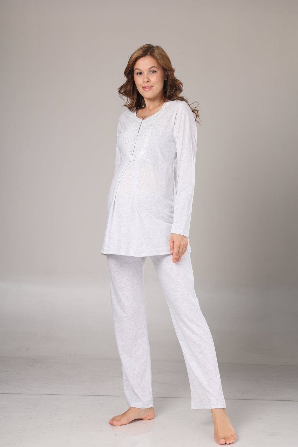 Gri Melanj  Sabahlıklı Lohusa Pijama Takımı- 1004