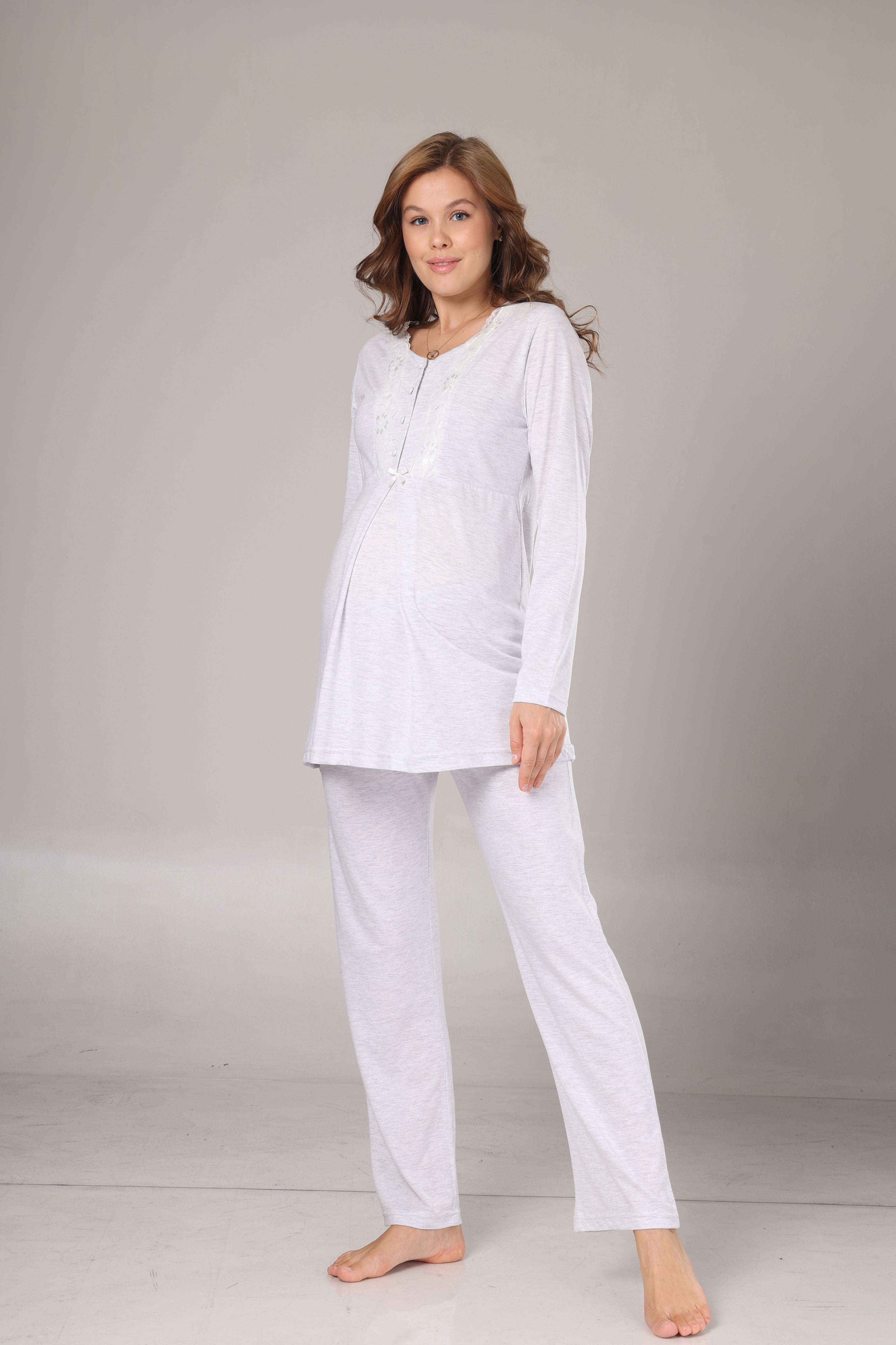 Gri Melanj  Sabahlıklı Lohusa Pijama Takımı- 1004