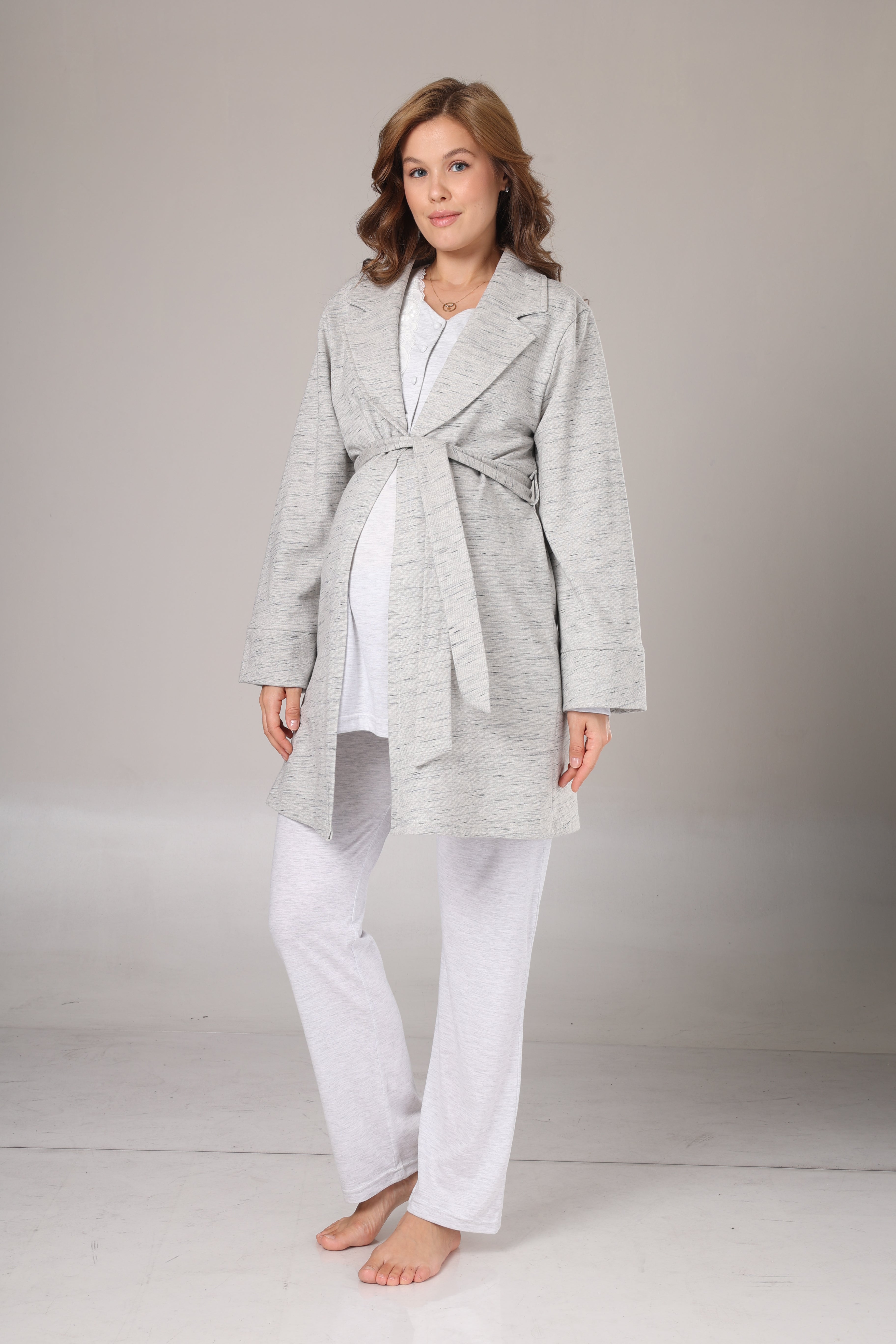 Gri Melanj  Sabahlıklı Lohusa Pijama Takımı- 1004