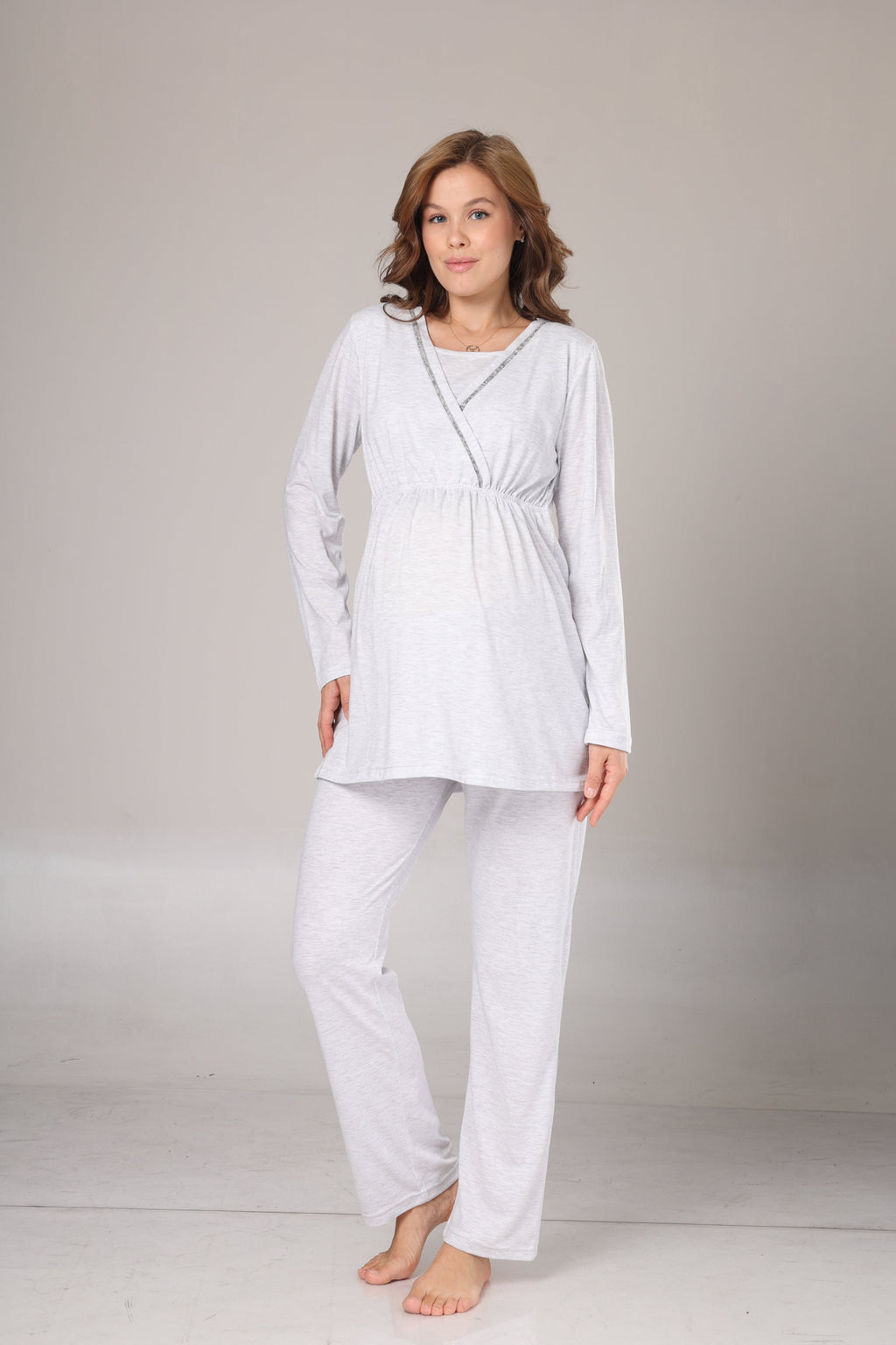 Gri Polar Sabahlıklı Lohusa Pijama Takımı- 1019