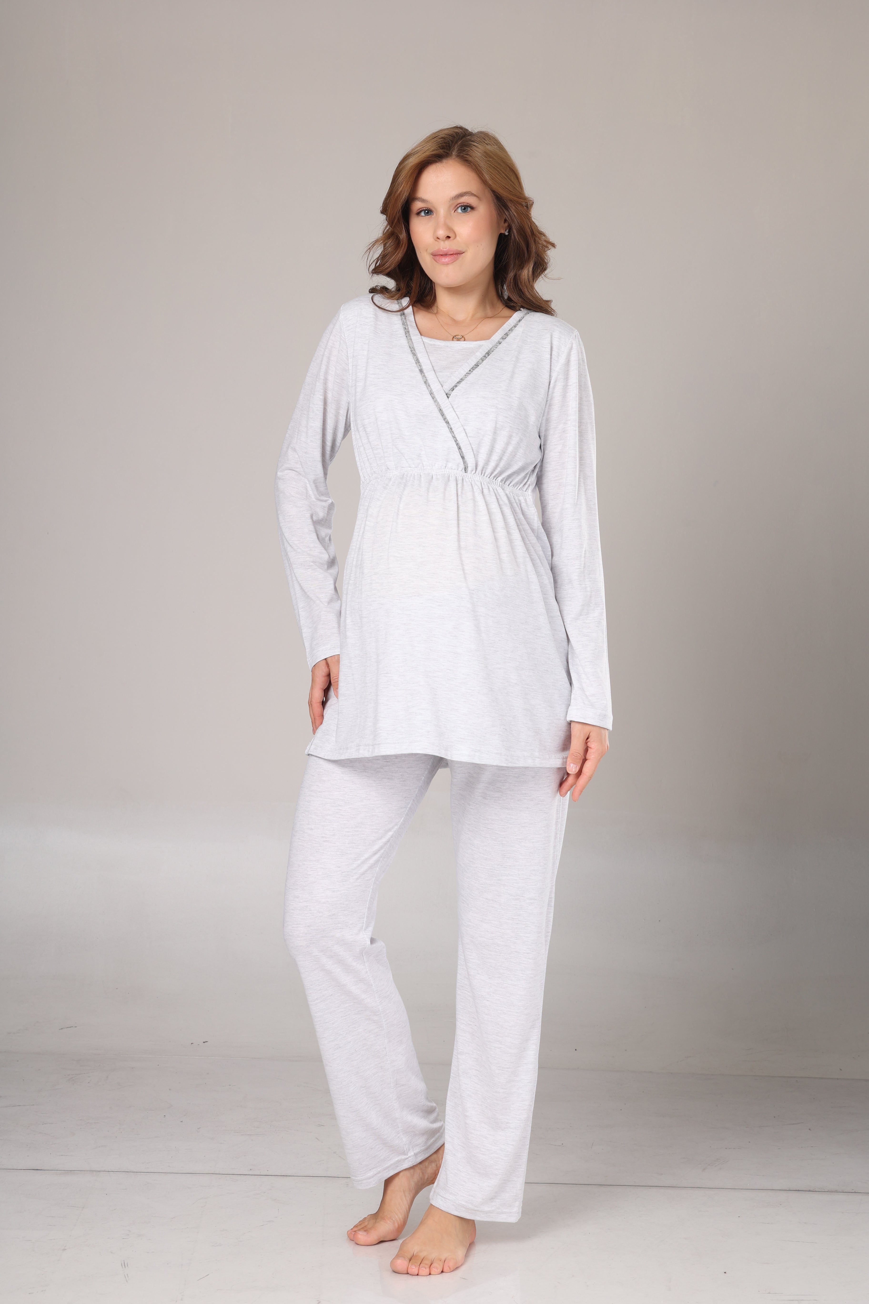 Gri Polar Sabahlıklı Lohusa Pijama Takımı- 1019