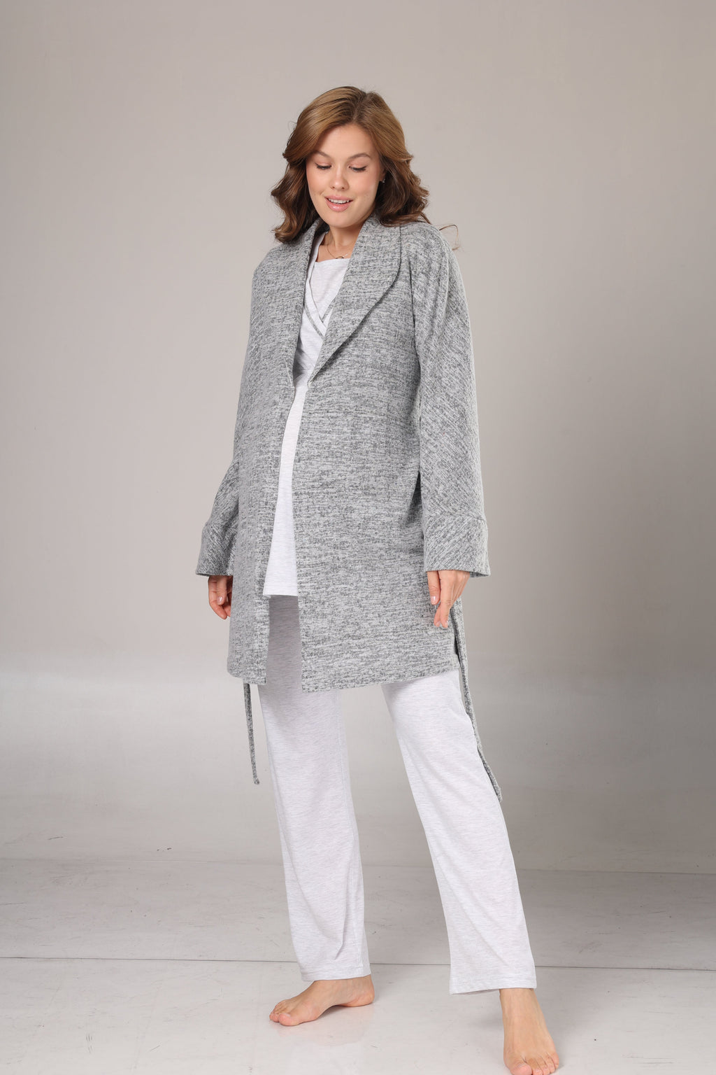 Gri Polar Sabahlıklı Lohusa Pijama Takımı- 1019