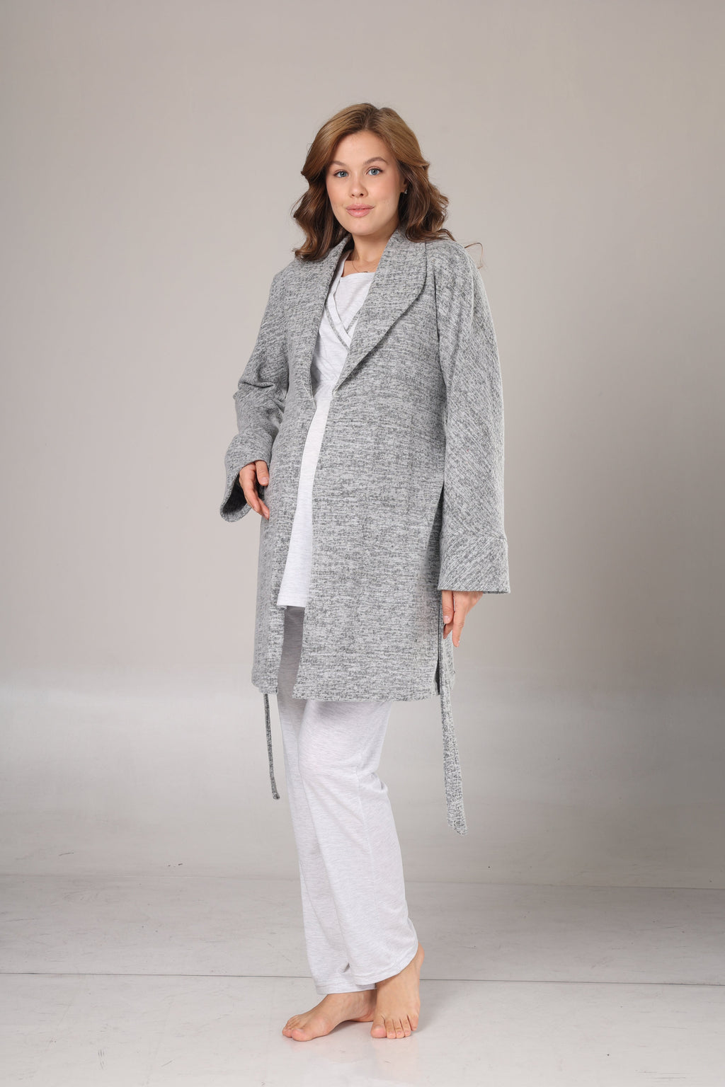 Gri Polar Sabahlıklı Lohusa Pijama Takımı- 1019