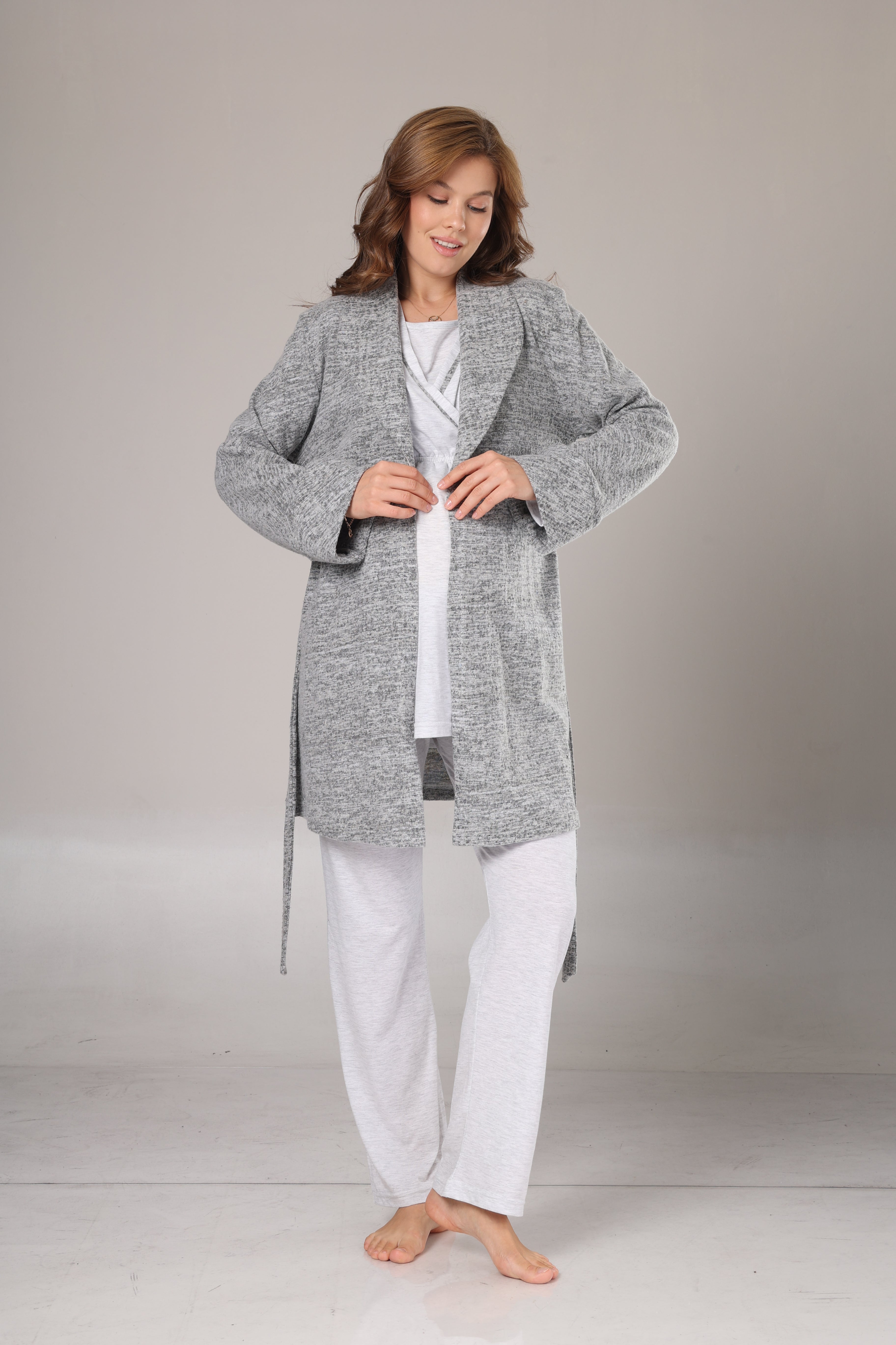 Gri Polar Sabahlıklı Lohusa Pijama Takımı- 1019