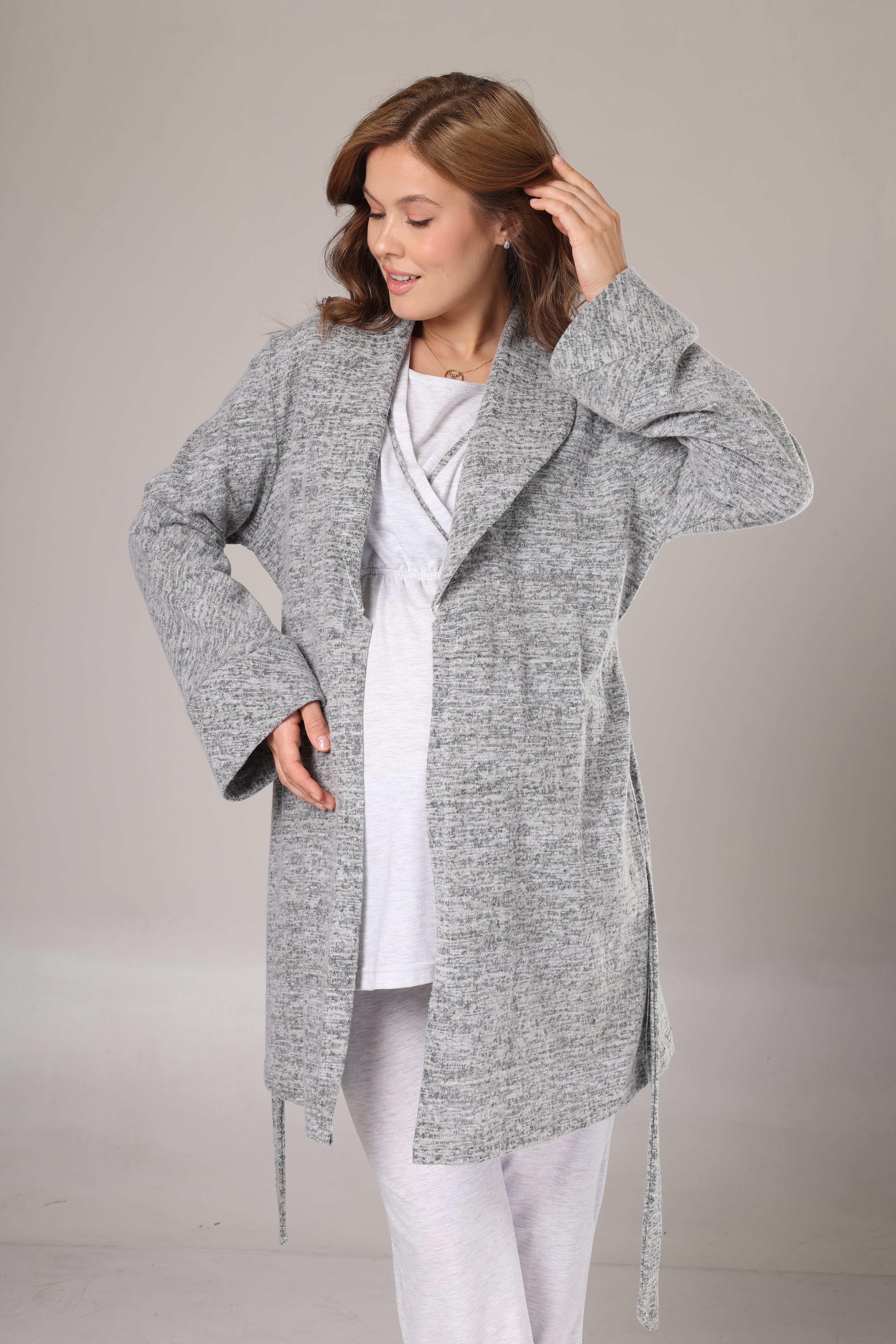 Gri Polar Sabahlıklı Lohusa Pijama Takımı- 1019
