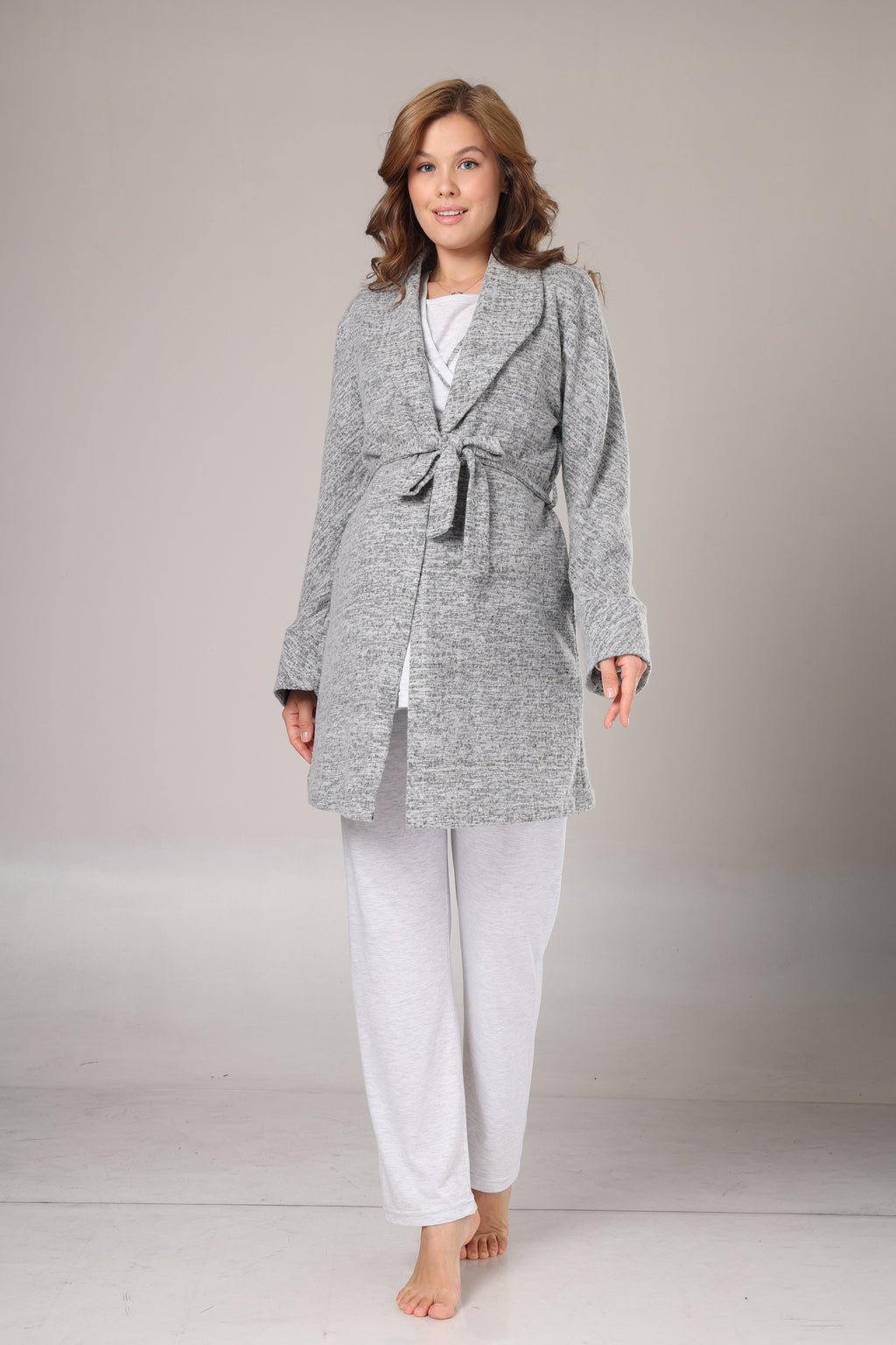 Gri Polar Sabahlıklı Lohusa Pijama Takımı- 1019