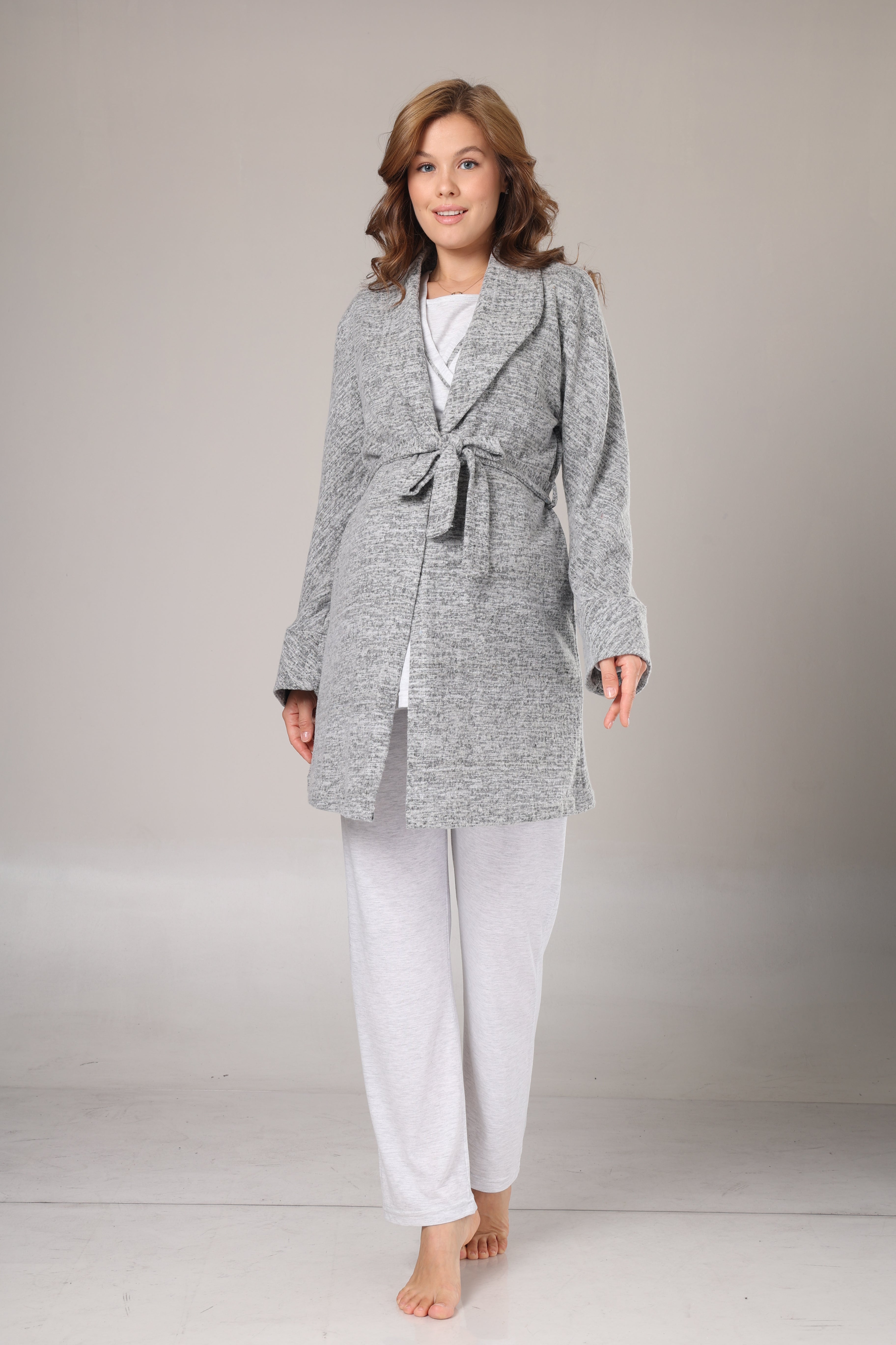Gri Polar Sabahlıklı Lohusa Pijama Takımı- 1019