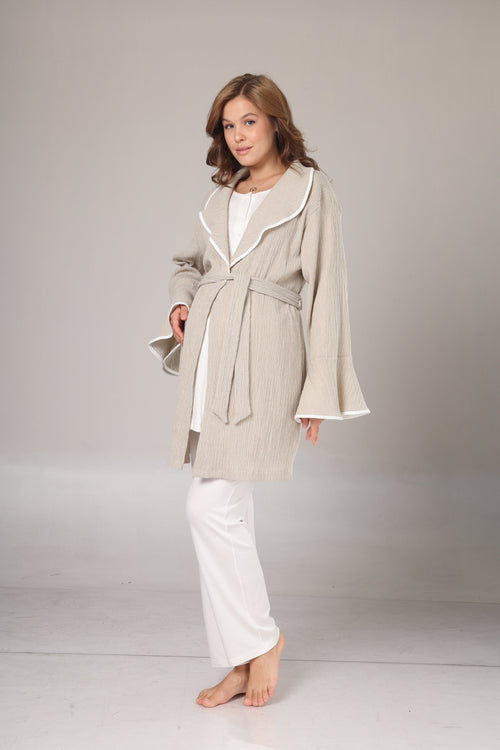 Bej Krepon Dokulu Sabahlıklı Lohusa Pijama Takımı-1005
