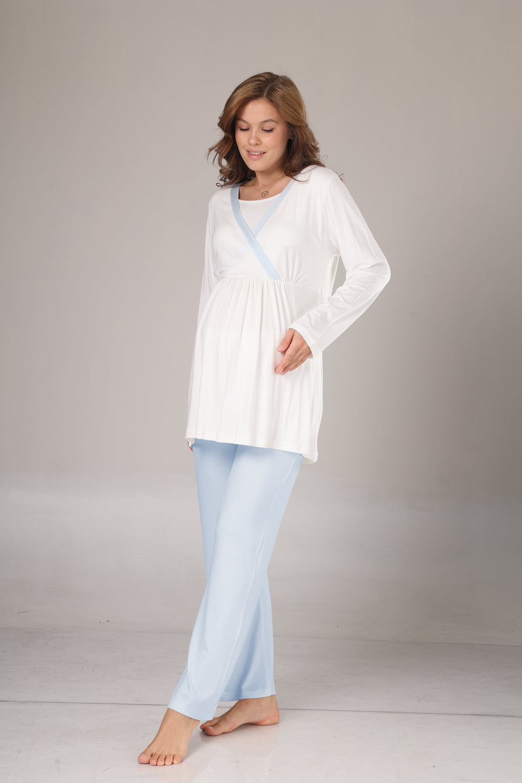 Sabahlıklı Mavi Şeritli Lohusa Pijama Takımı-1033