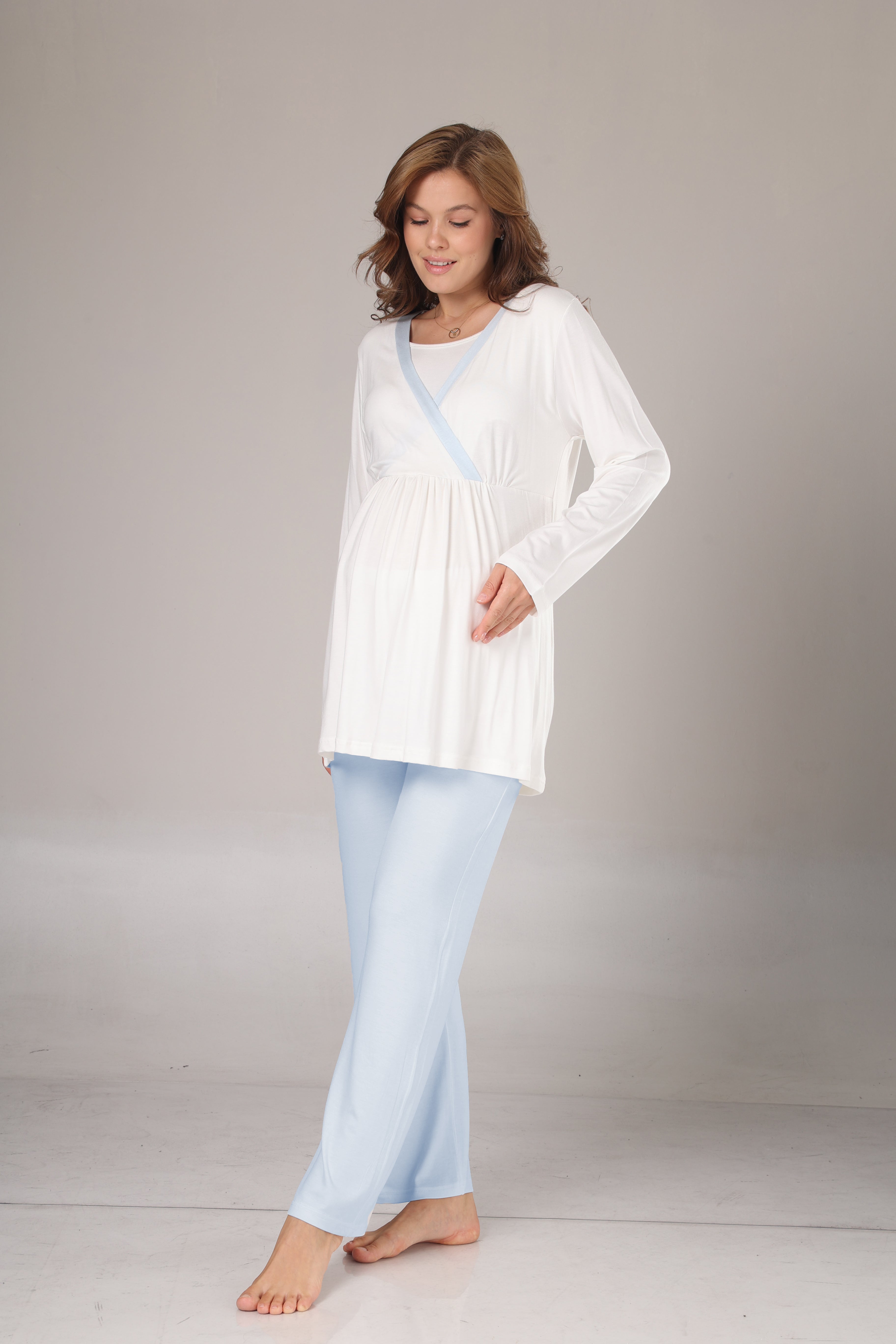 Sabahlıklı Mavi Şeritli Lohusa Pijama Takımı-1033
