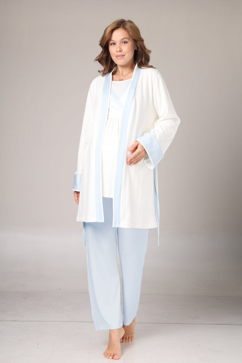 Sabahlıklı Mavi Şeritli Lohusa Pijama Takımı-1033
