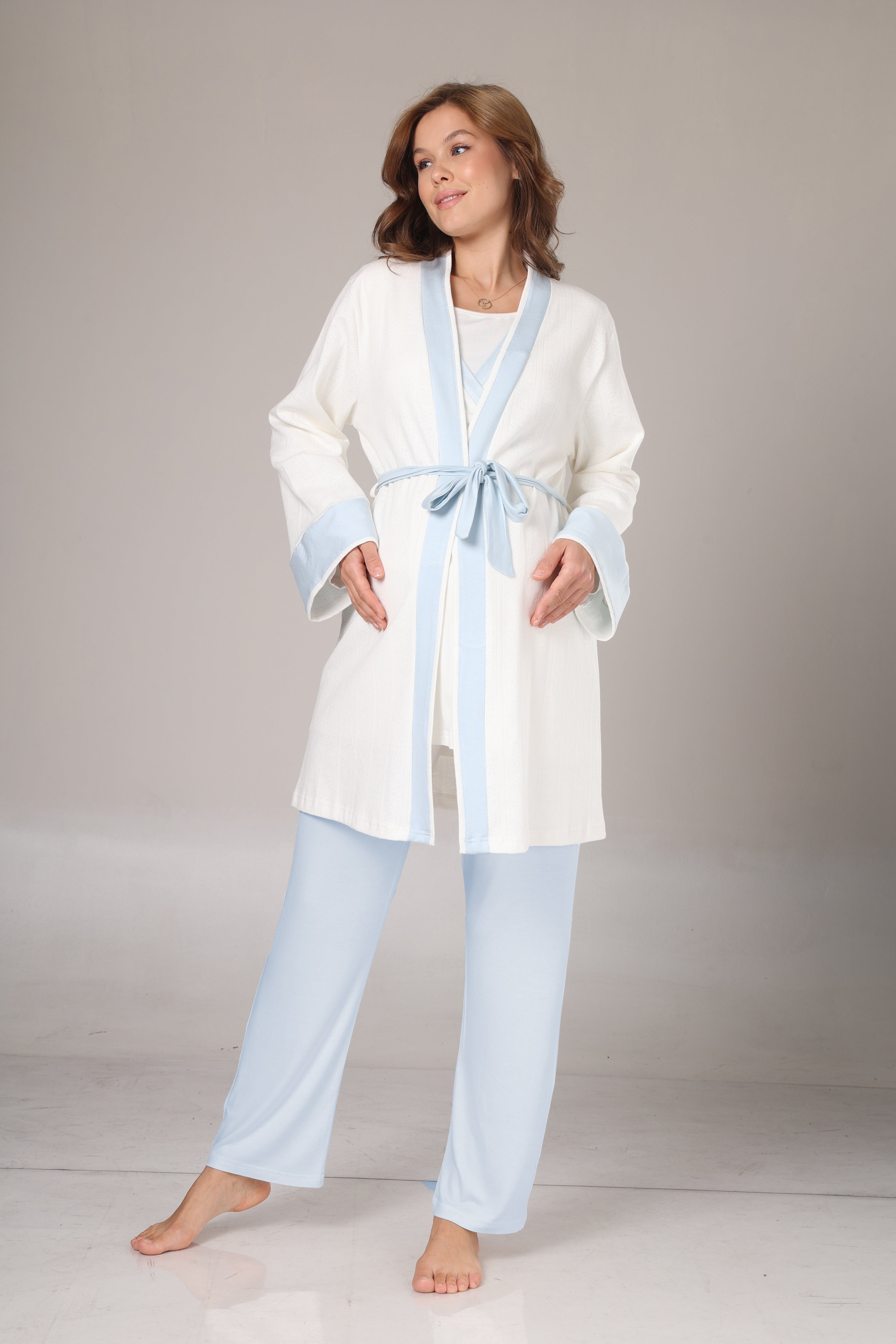 Sabahlıklı Mavi Şeritli Lohusa Pijama Takımı-1033