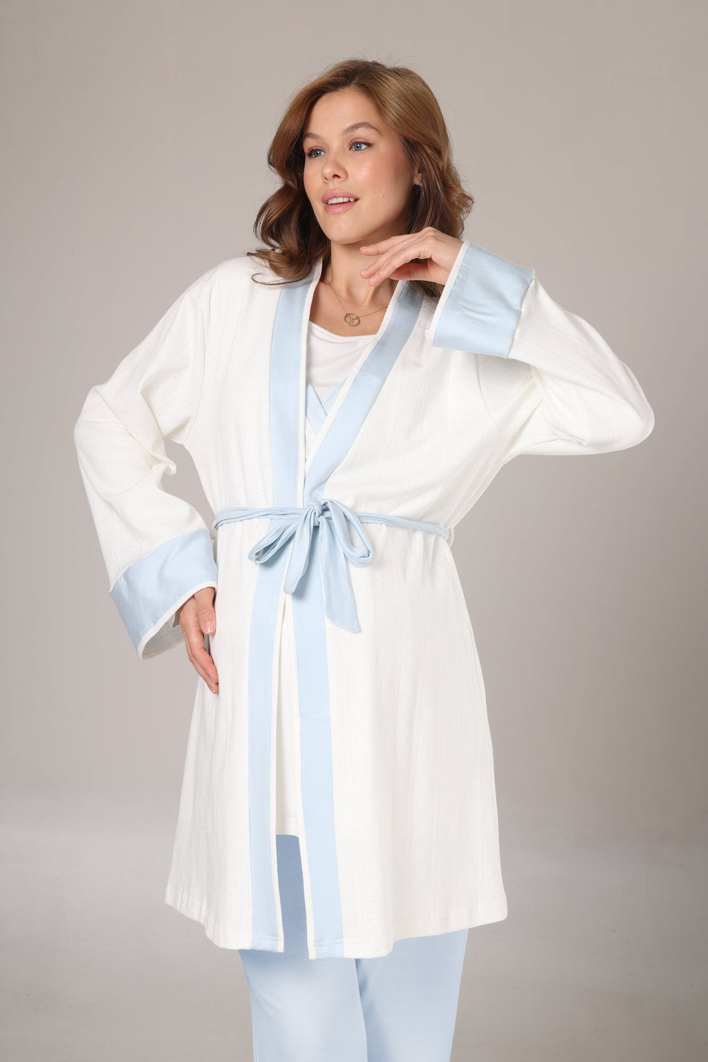 Sabahlıklı Mavi Şeritli Lohusa Pijama Takımı-1033