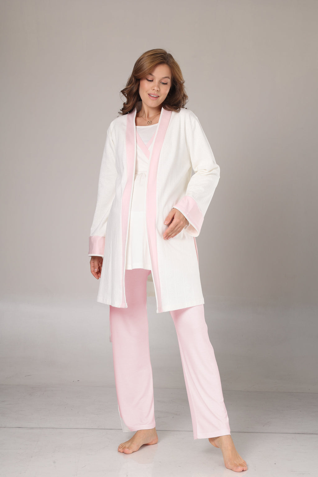 Sabahlıklı Pembe Şeritli Lohusa Pijama Takımı-1032