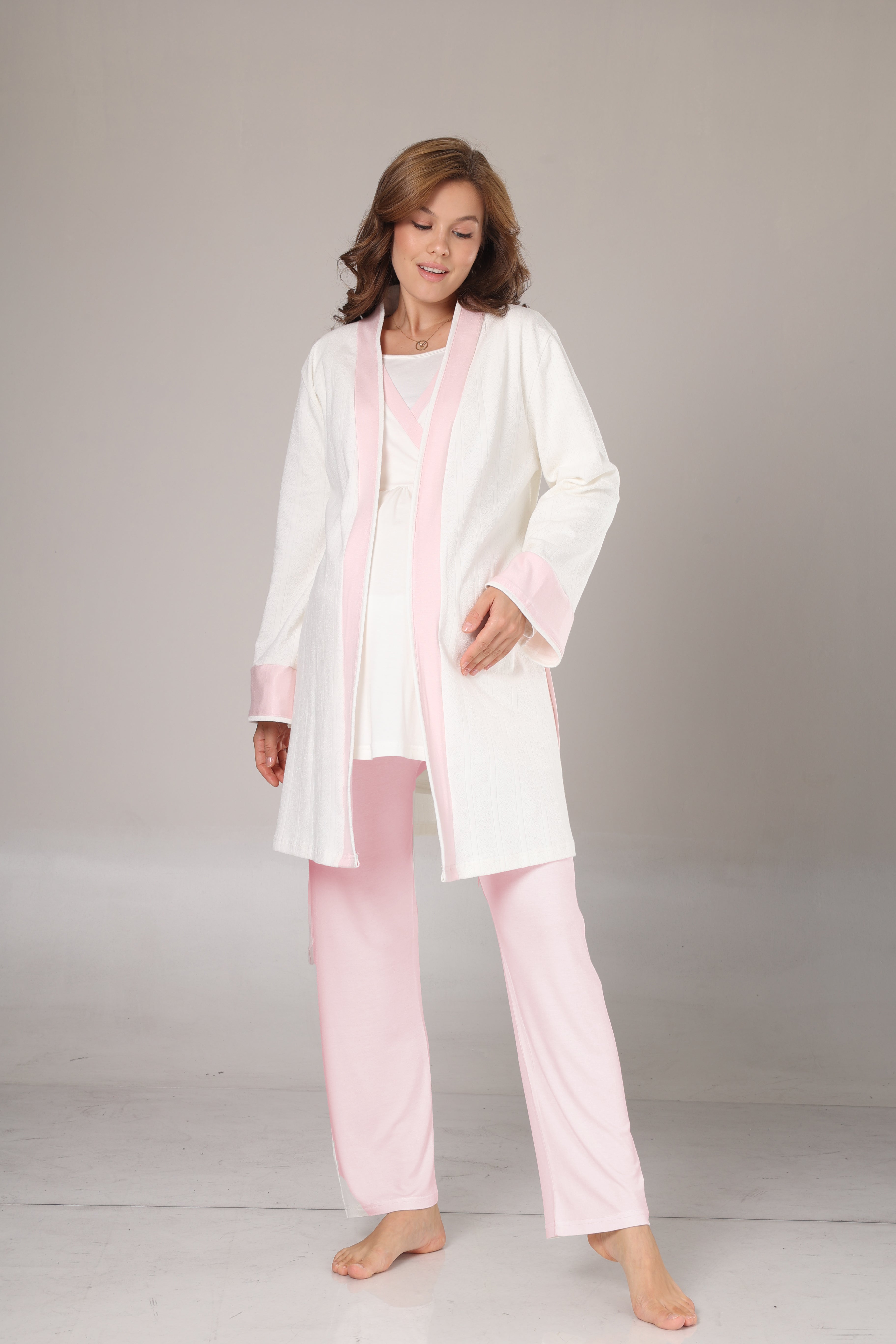 Sabahlıklı Pembe Şeritli Lohusa Pijama Takımı-1032