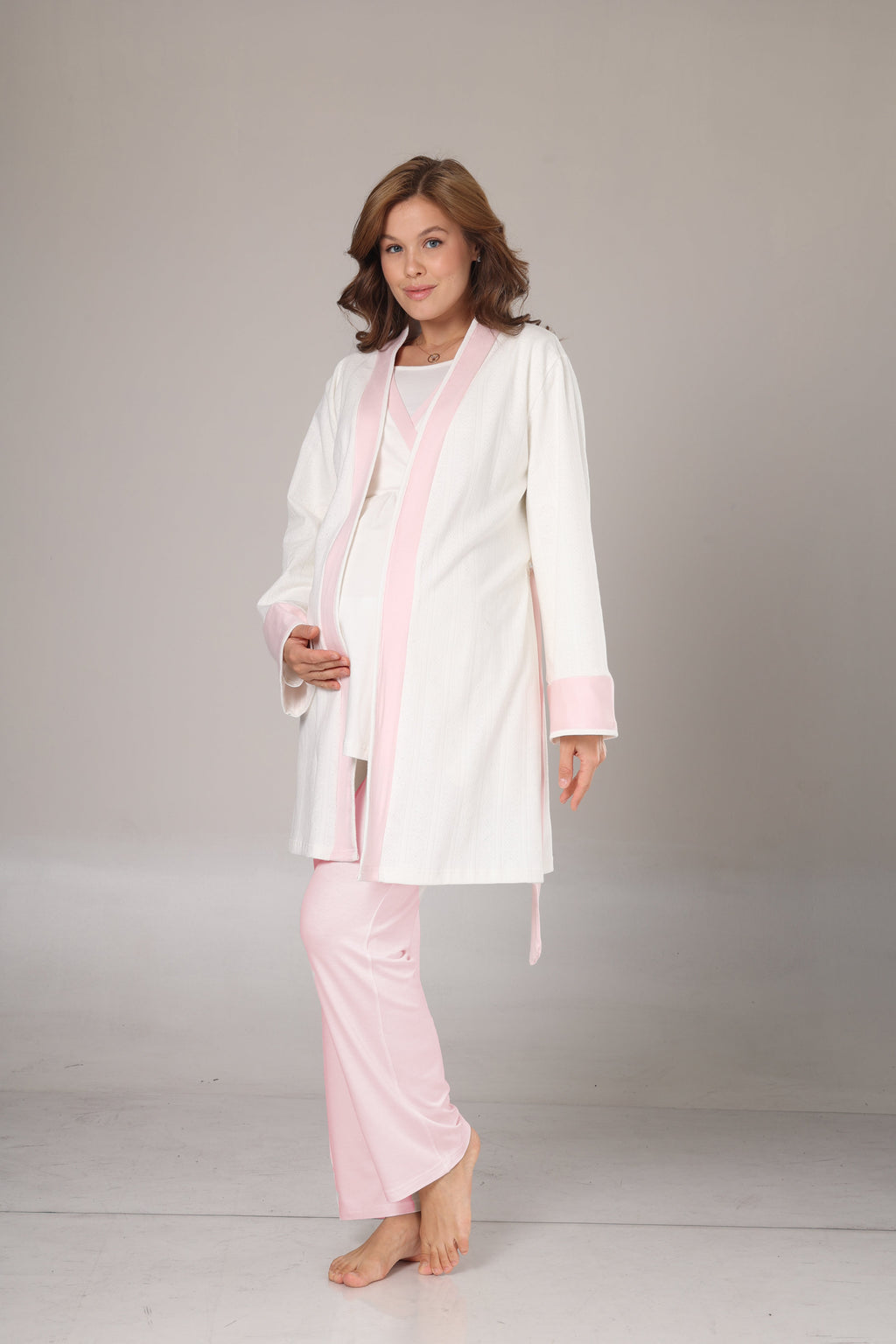 Sabahlıklı Pembe Şeritli Lohusa Pijama Takımı-1032
