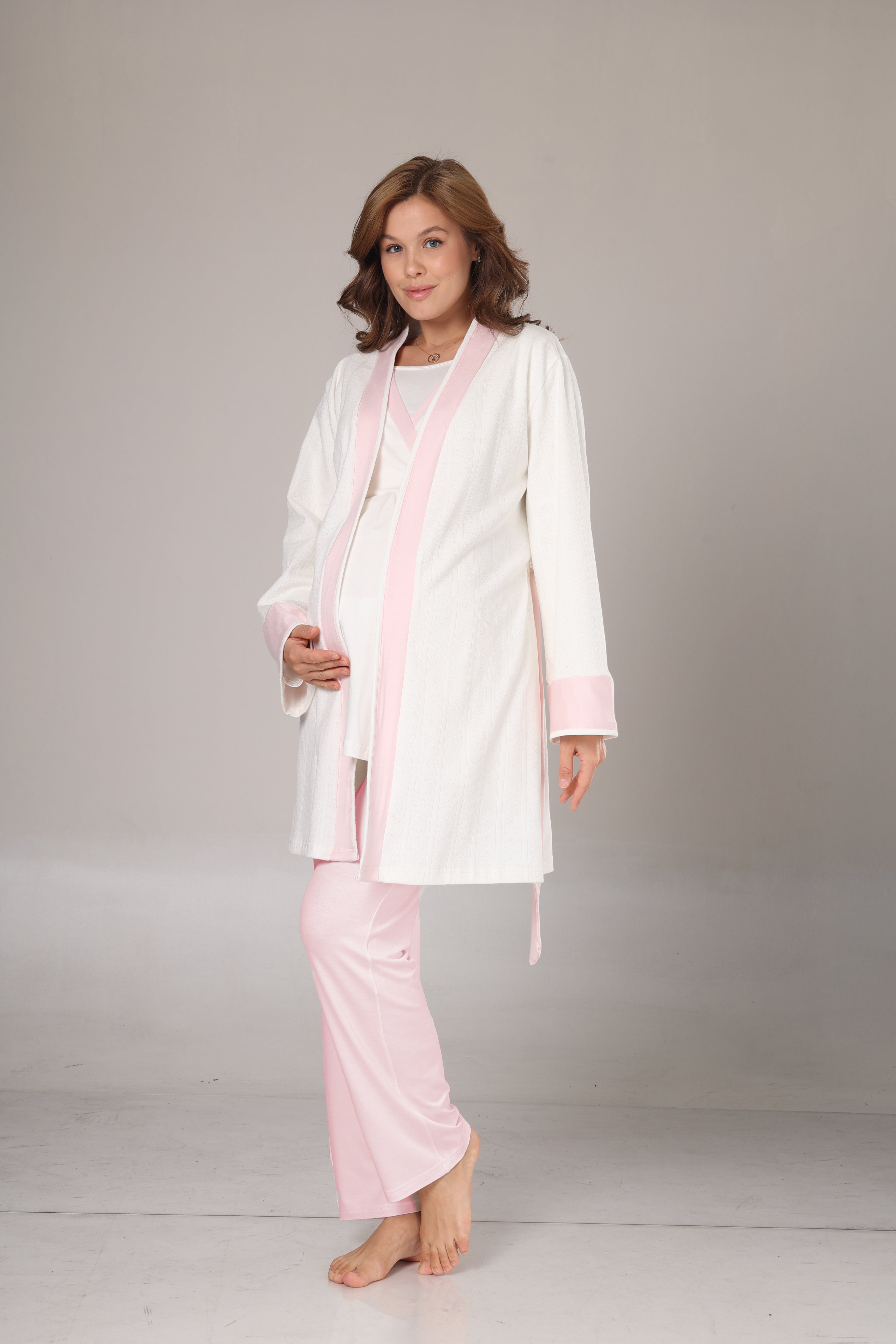 Sabahlıklı Pembe Şeritli Lohusa Pijama Takımı-1032