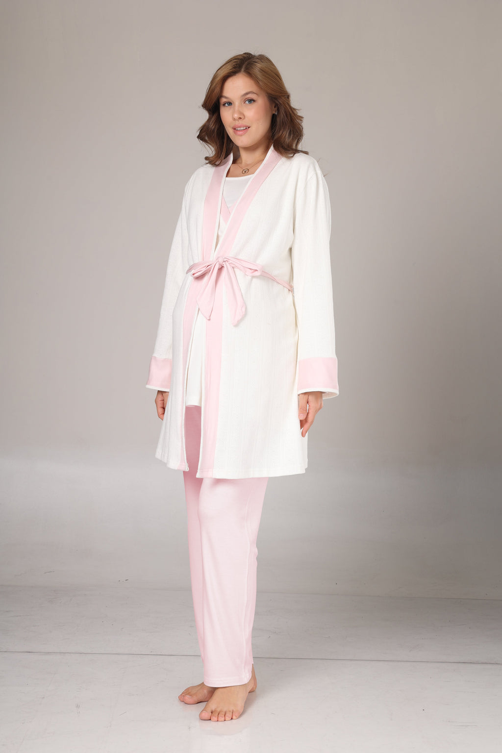 Sabahlıklı Pembe Şeritli Lohusa Pijama Takımı-1032