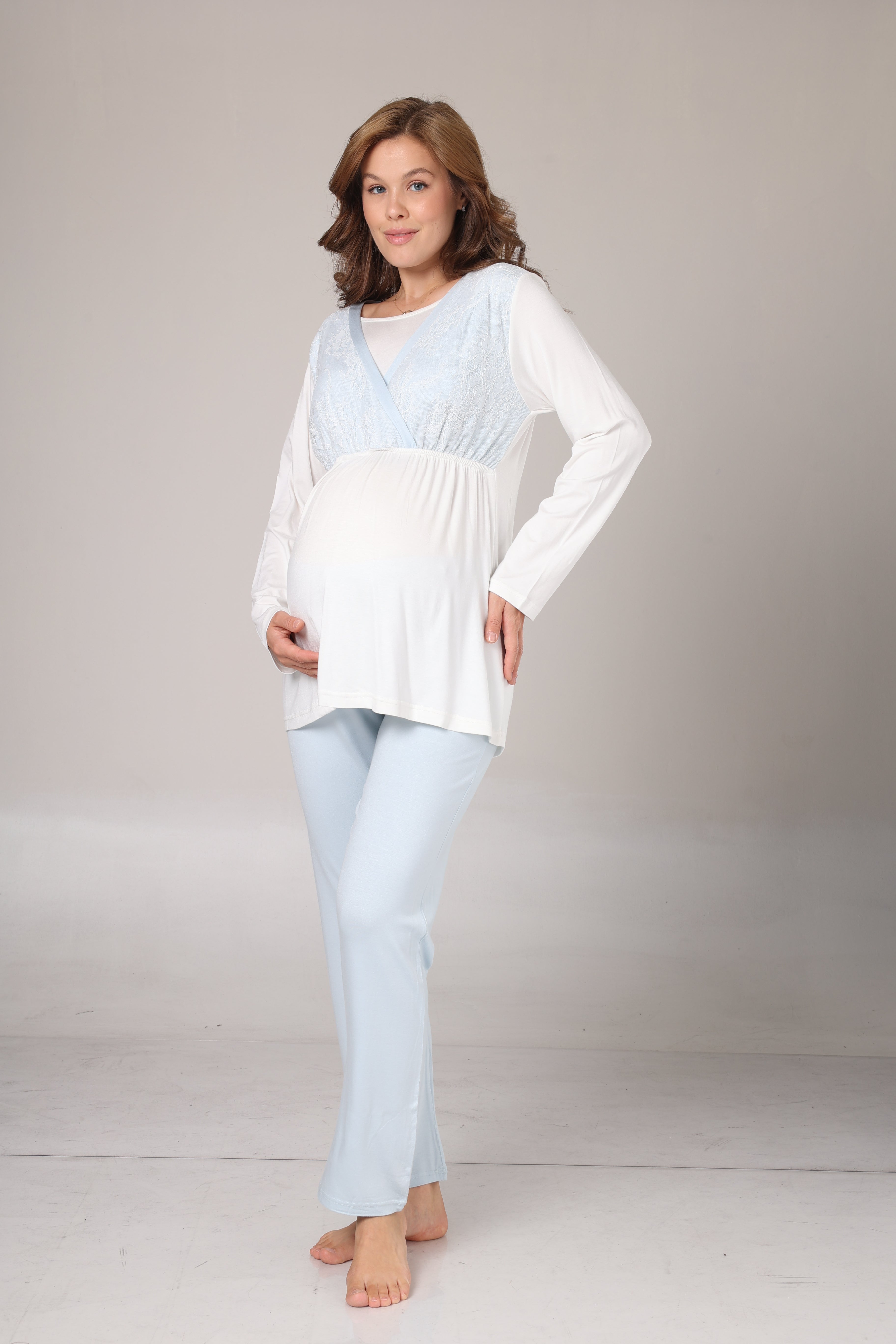 Sabahlıklı Kruvaze Yaka Lohusa Pijama Takımı Mavi - 1001