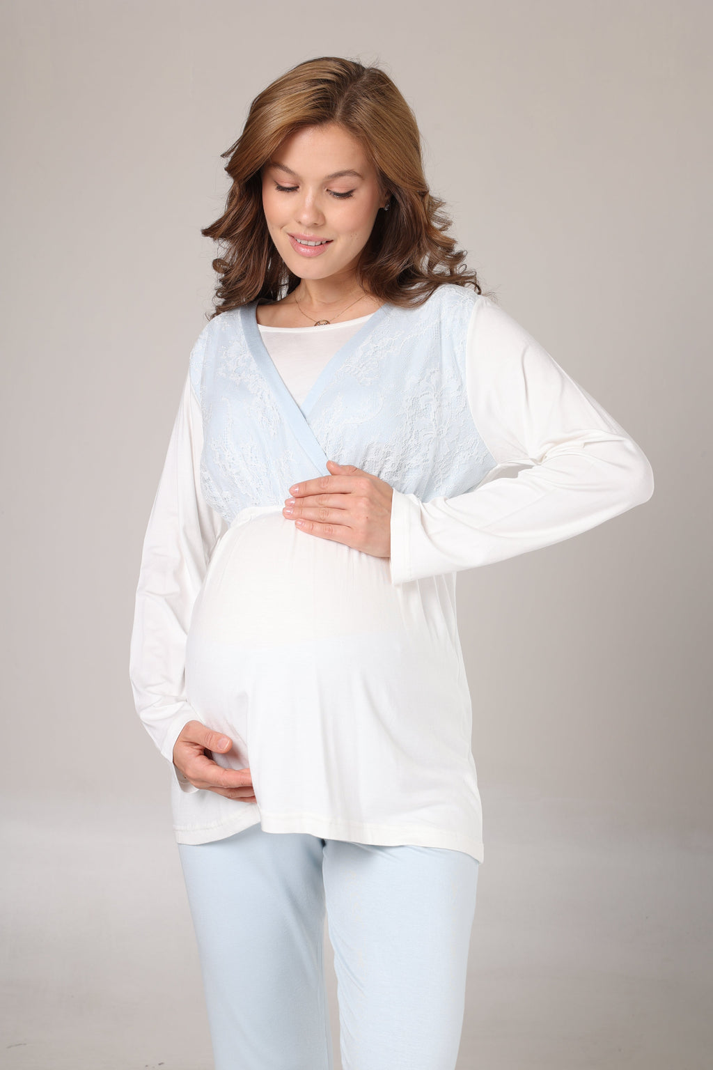 Sabahlıklı Kruvaze Yaka Lohusa Pijama Takımı Mavi - 1001