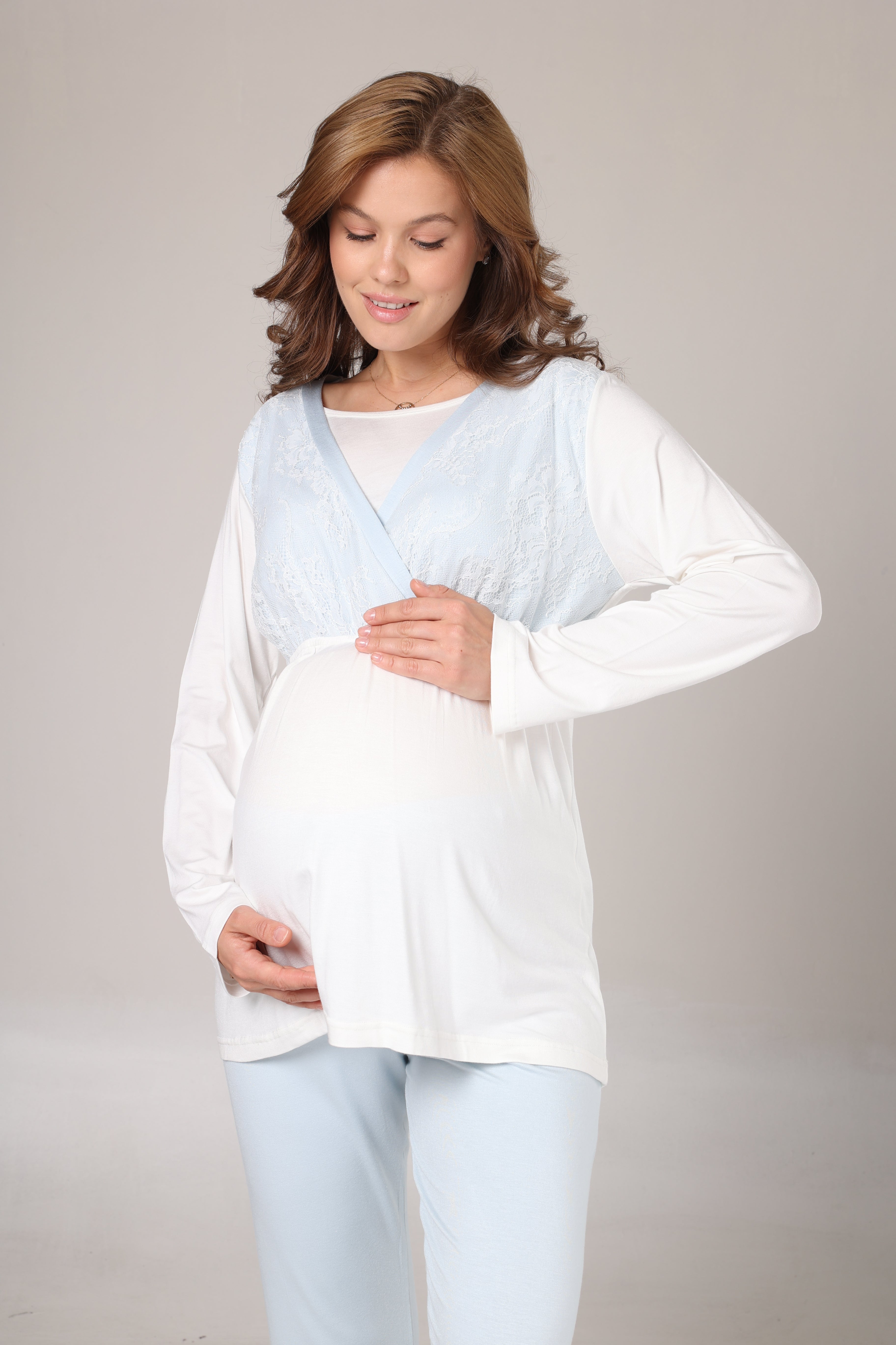 Sabahlıklı Kruvaze Yaka Lohusa Pijama Takımı Mavi - 1001
