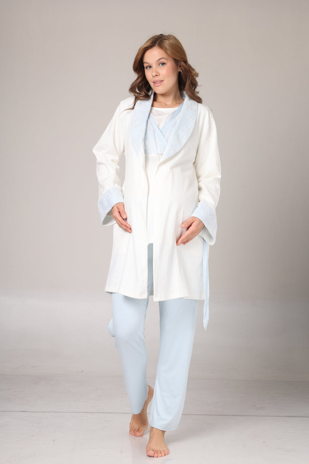 Sabahlıklı Kruvaze Yaka Lohusa Pijama Takımı Mavi - 1001