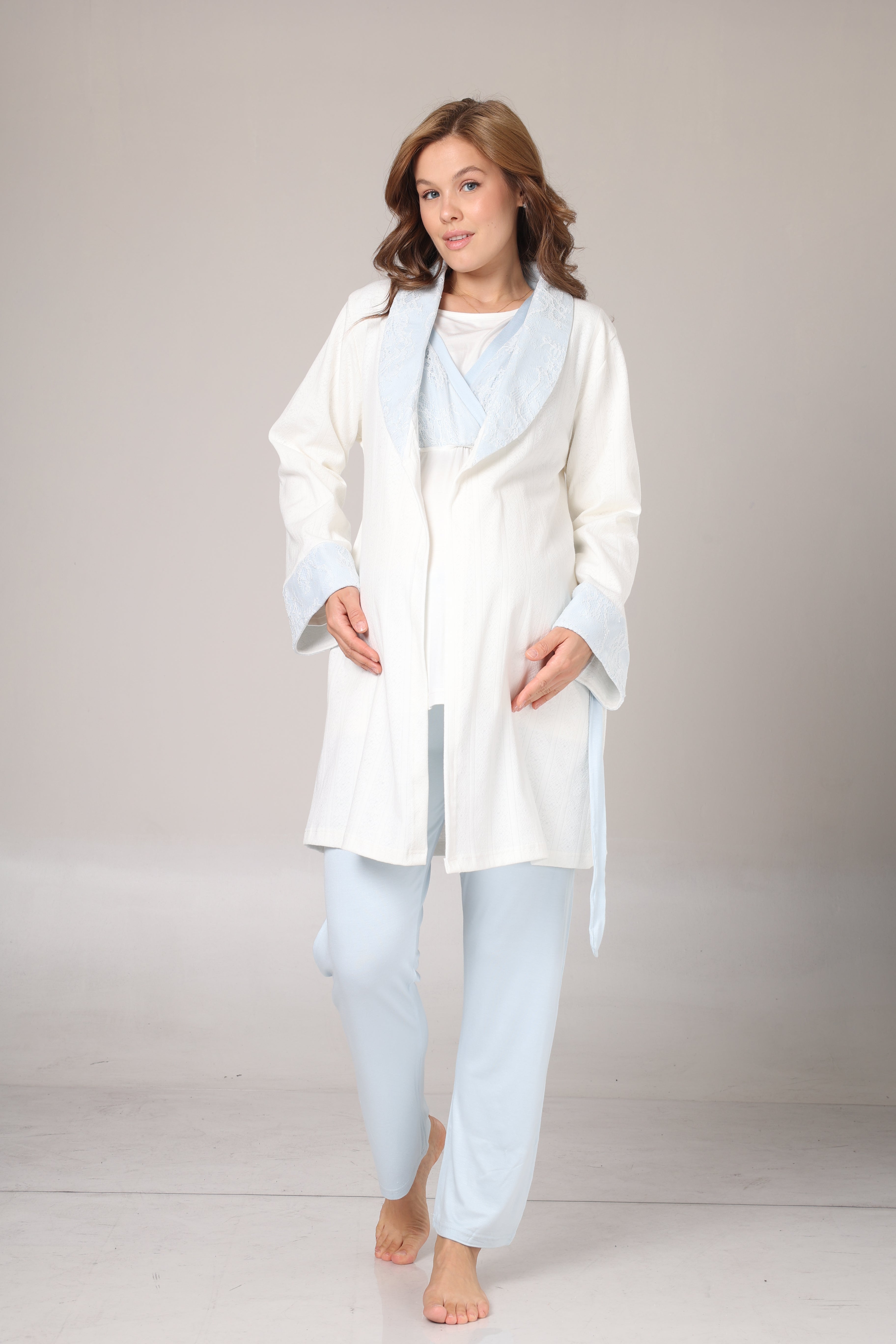 Sabahlıklı Kruvaze Yaka Lohusa Pijama Takımı Mavi - 1001