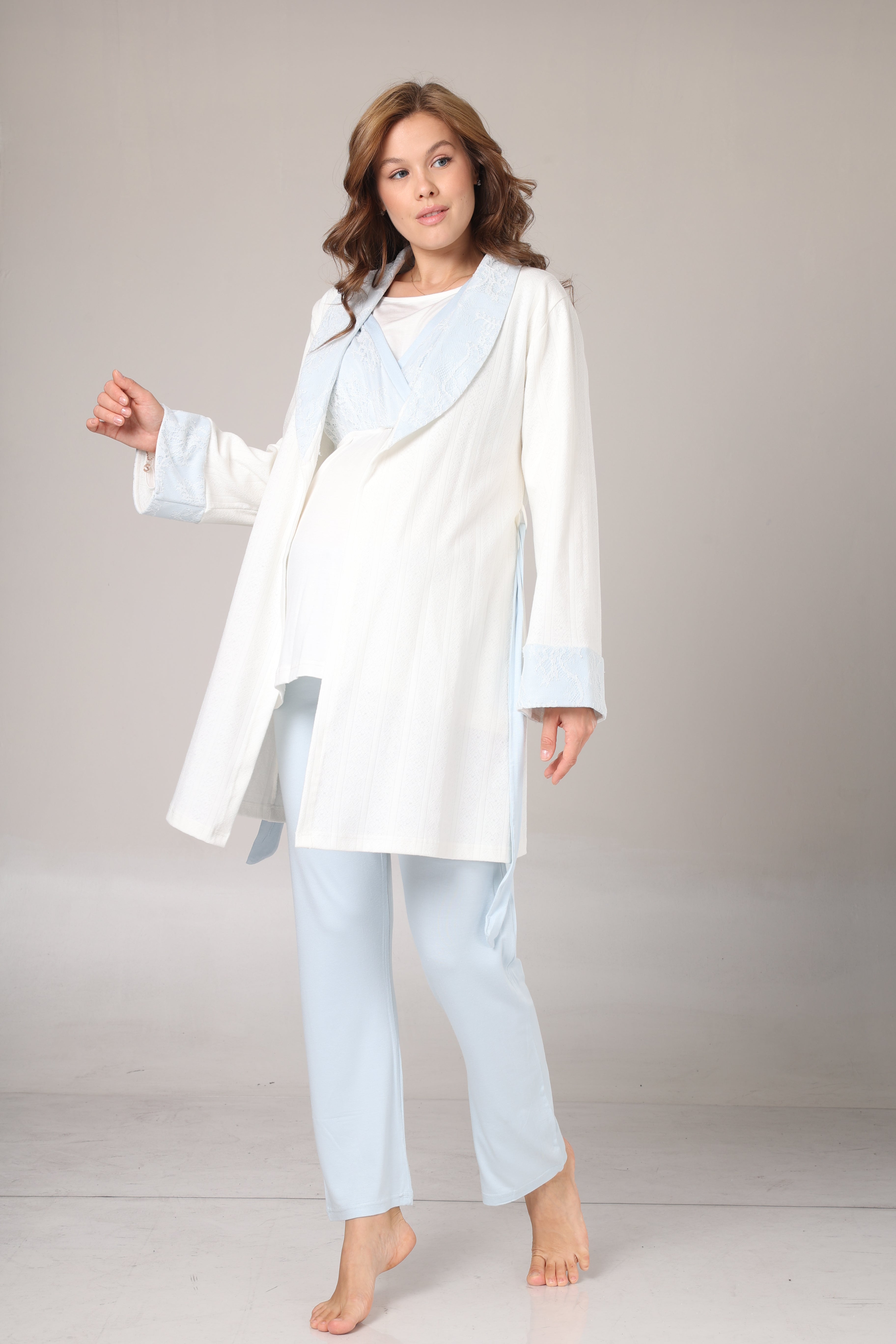 Sabahlıklı Kruvaze Yaka Lohusa Pijama Takımı Mavi - 1001