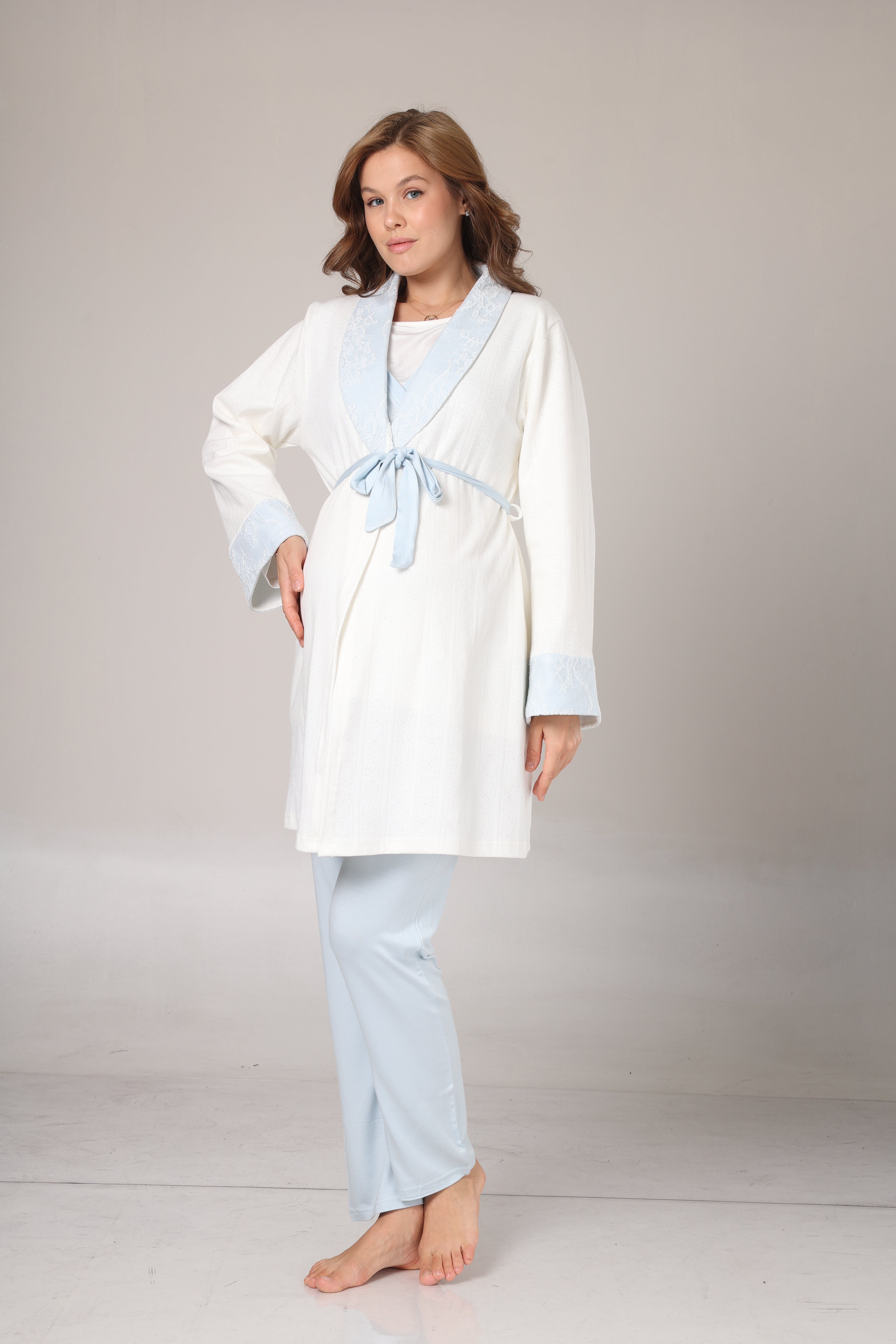Sabahlıklı Kruvaze Yaka Lohusa Pijama Takımı Mavi - 1001
