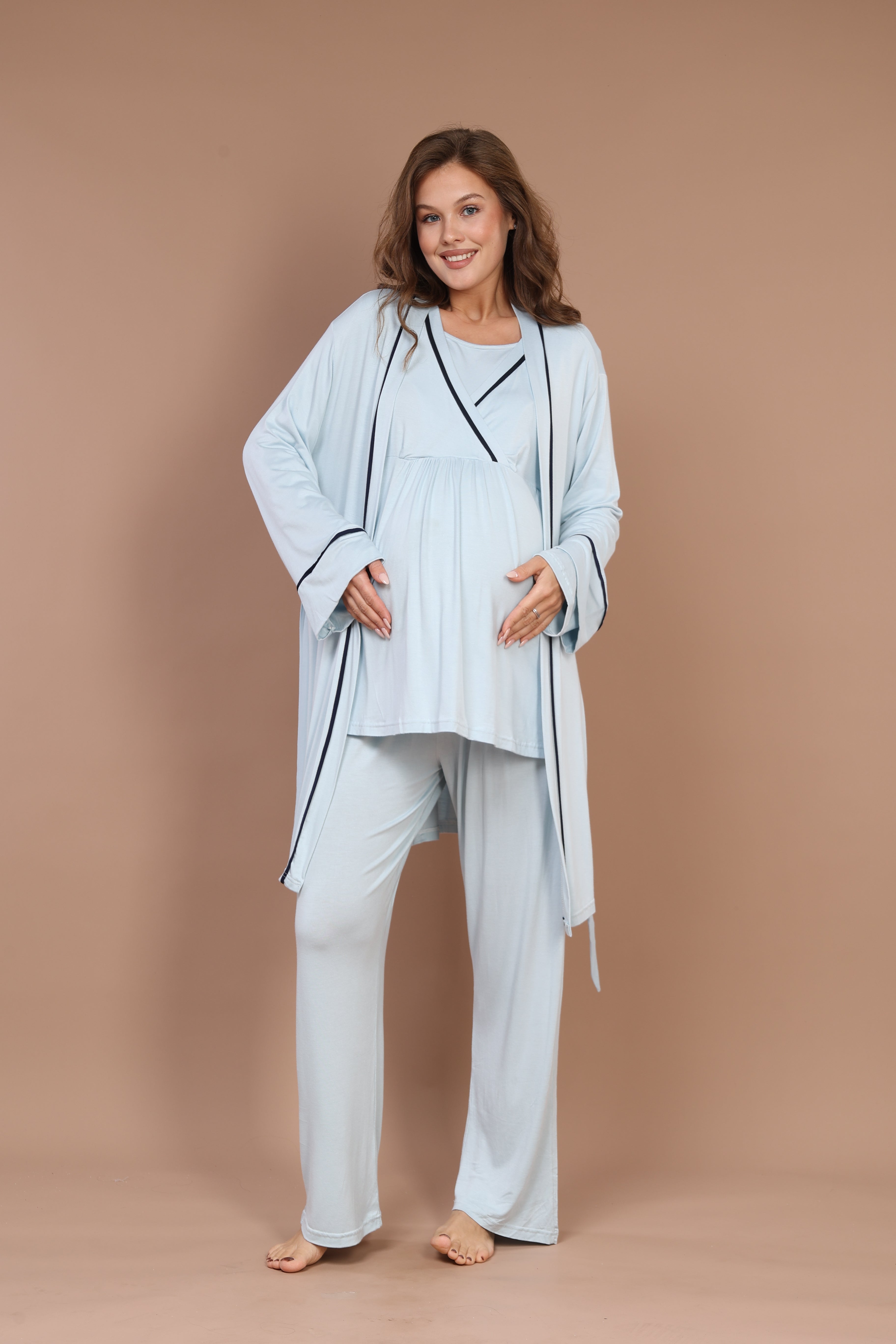 Mavi Biyeli  Sabahlıklı Gizli Emzirme Özellikli  Lohusa Pijama Takımı