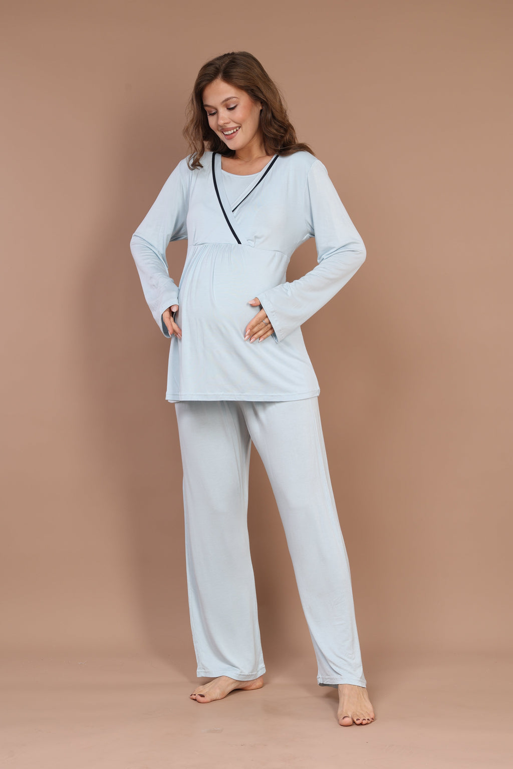 Mavi Biyeli  Sabahlıklı Gizli Emzirme Özellikli  Lohusa Pijama Takımı