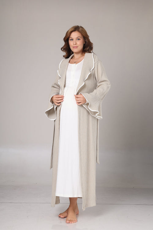 Bej Krepon Dokulu Sabahlıklı Lohusa Gecelik Takımı -1018